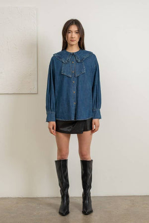Ruffled Collar Denim Blouse