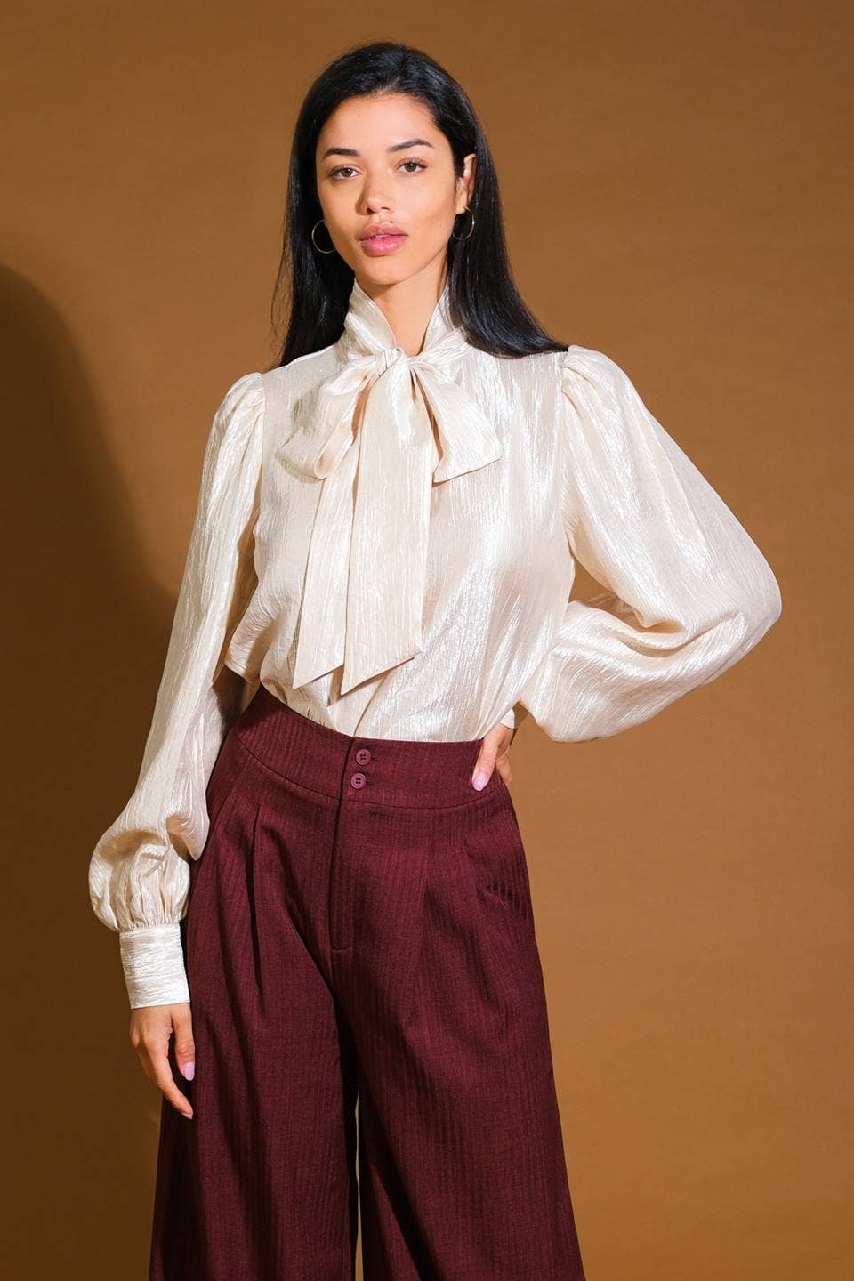 Champagne Shimmer Bow Tie Blouse