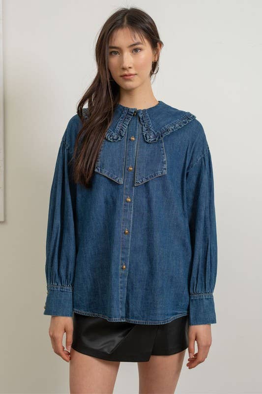 Ruffled Collar Denim Blouse