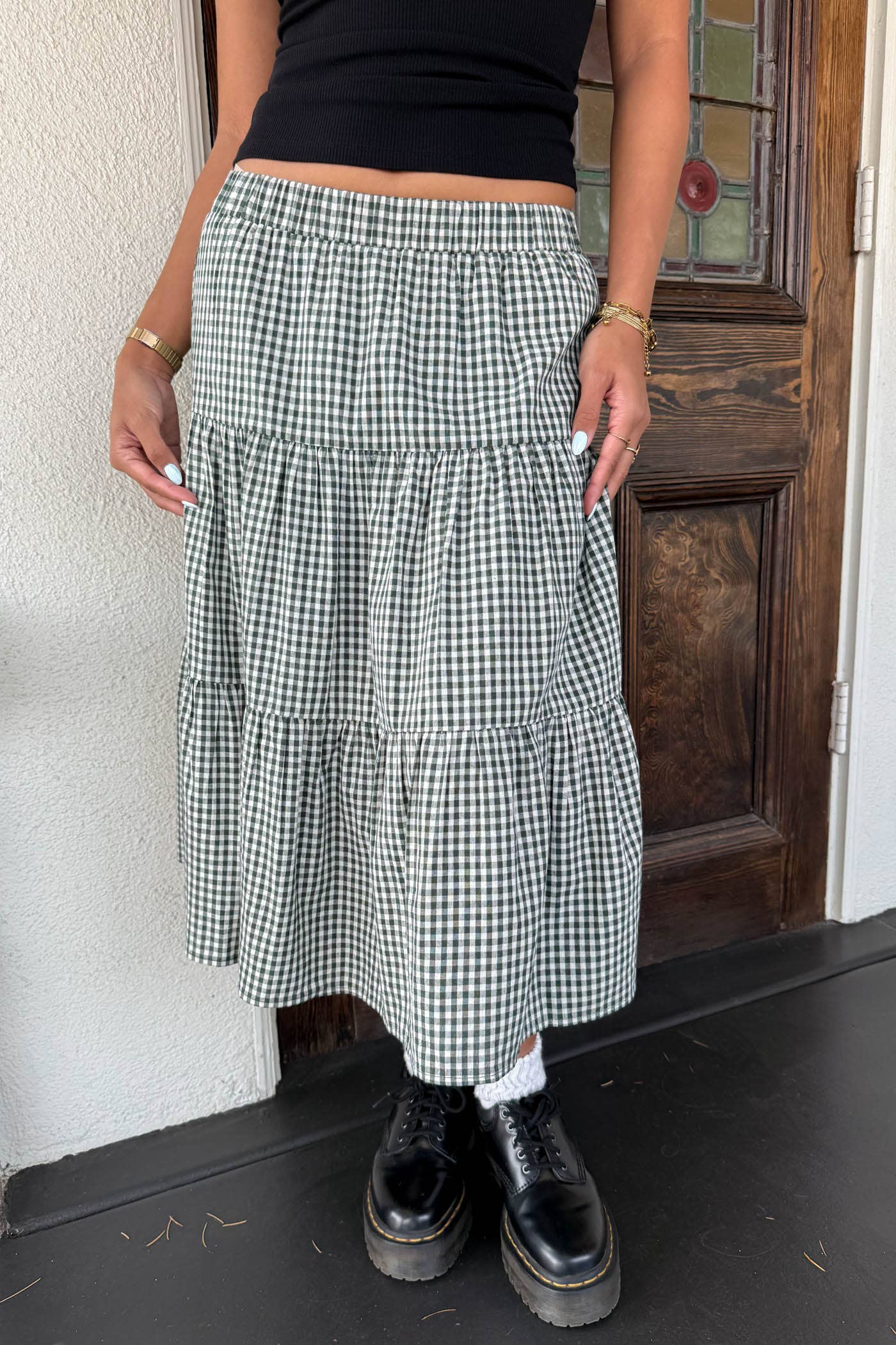 Gingham Tiered Midi Skirt