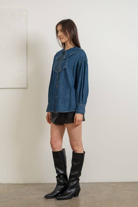 Ruffled Collar Denim Blouse