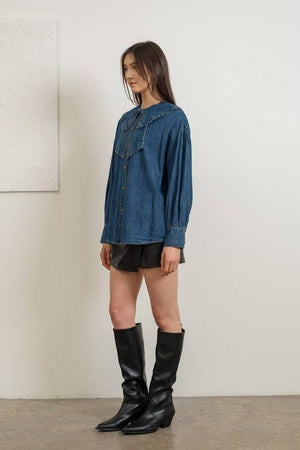 Ruffled Collar Denim Blouse