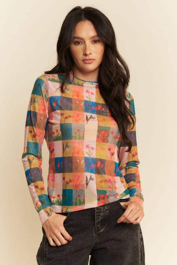 Checks & Flowers Mesh Layering Top