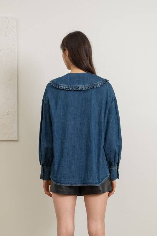 Ruffled Collar Denim Blouse