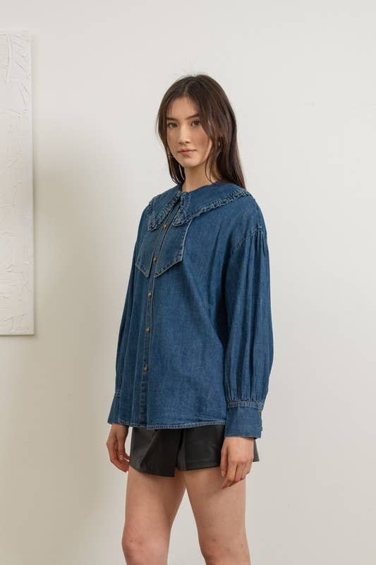 Ruffled Collar Denim Blouse