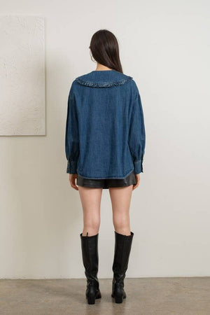 Ruffled Collar Denim Blouse