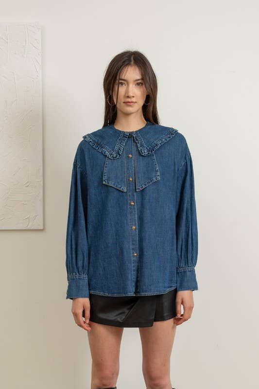 Ruffled Collar Denim Blouse