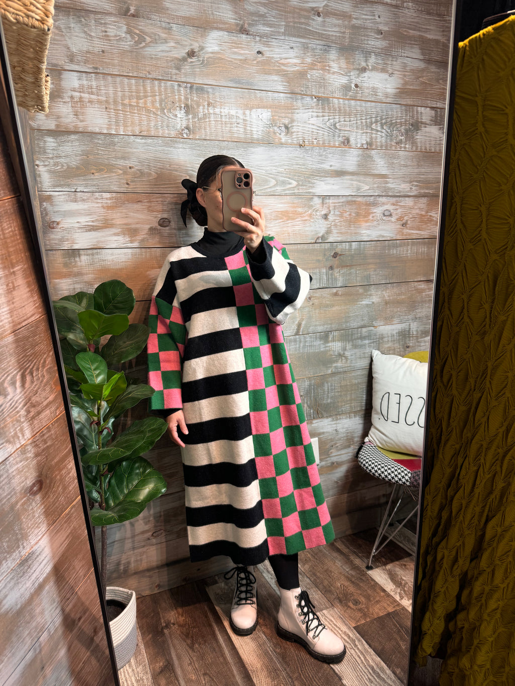 Checkered & Stripes Cozy Sweater Dress