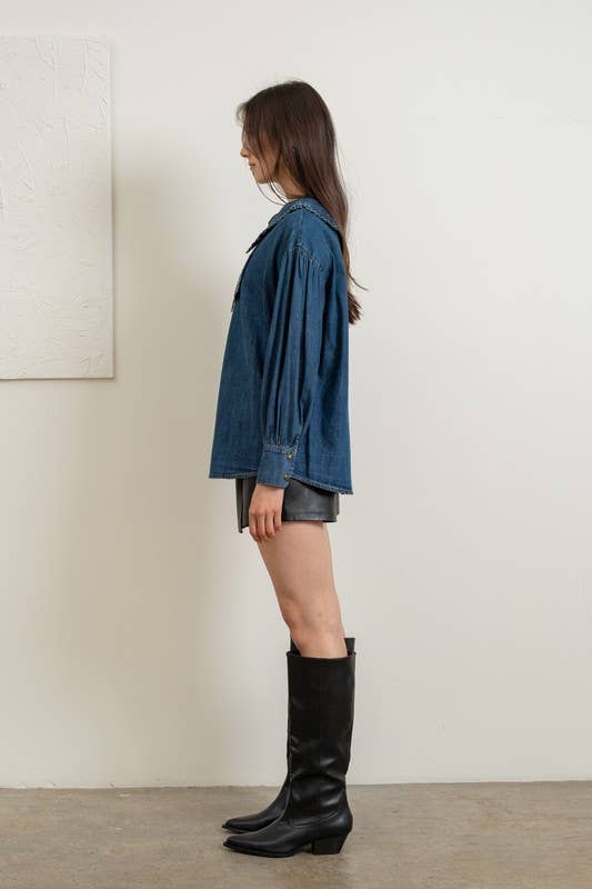 Ruffled Collar Denim Blouse