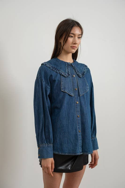 Ruffled Collar Denim Blouse