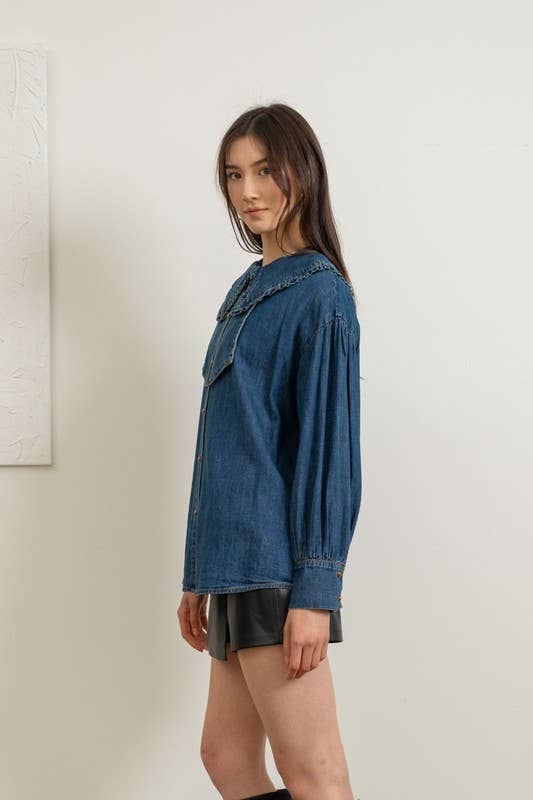Ruffled Collar Denim Blouse