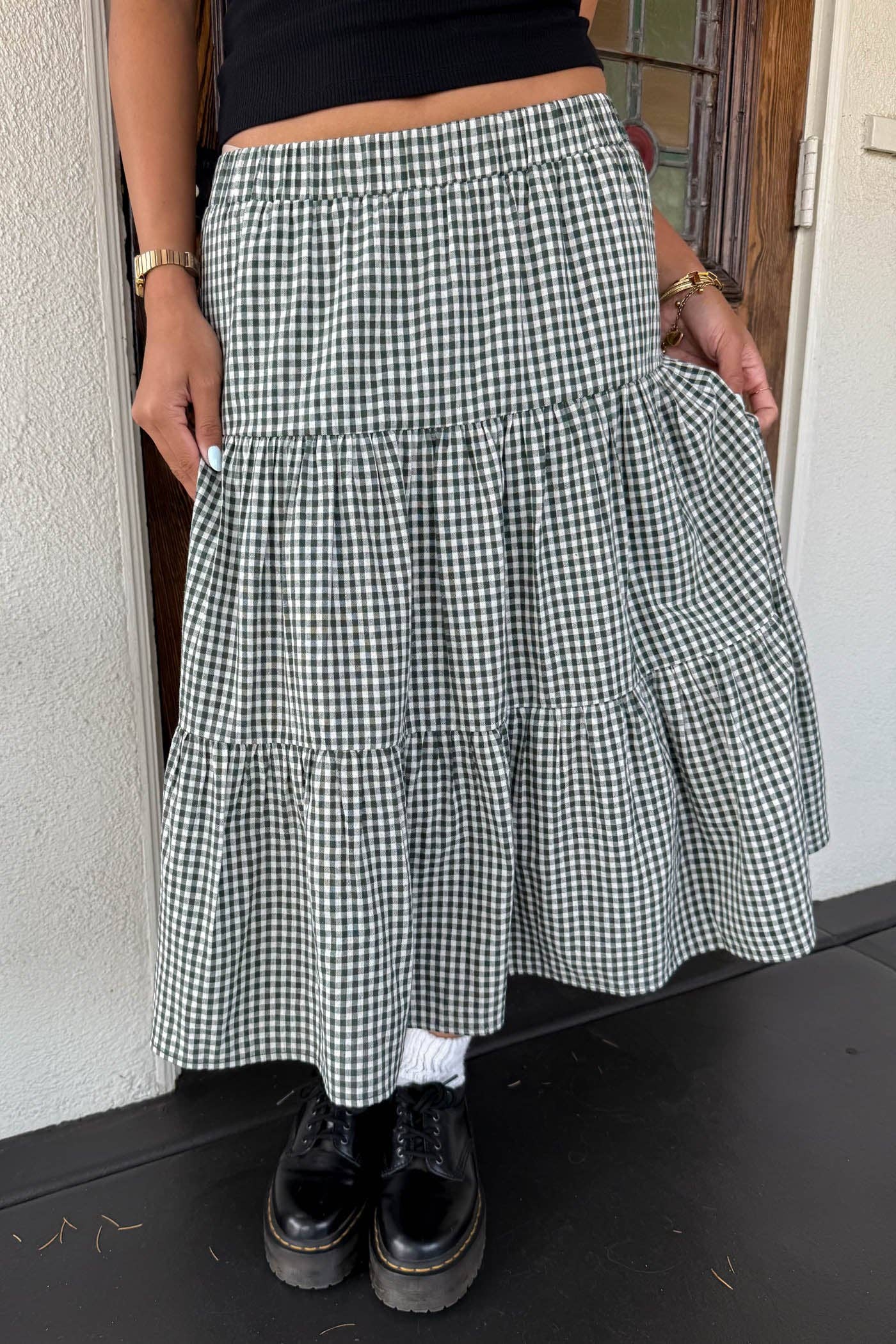 Gingham Tiered Midi Skirt