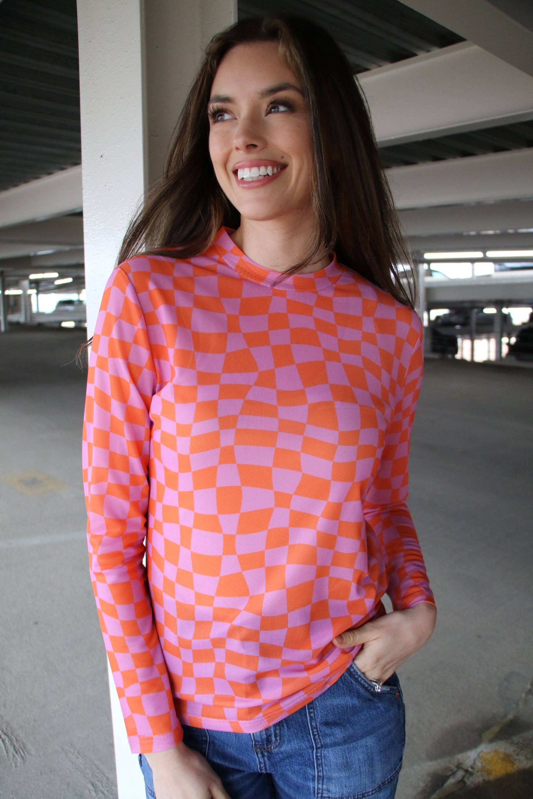 Orange & Pink Checkered Mesh Top